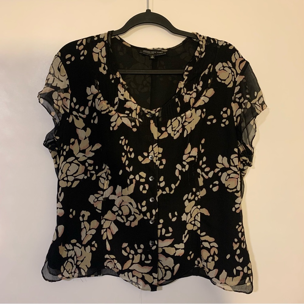 Jones New York Vintage 100%Silk Black & Cream Floral Blouse & Skirt Set • Sz 14